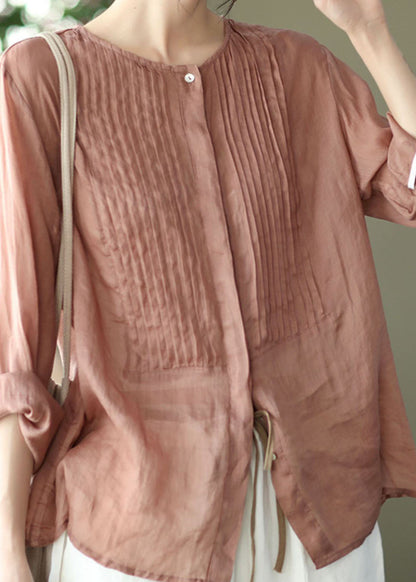 Pink O Neck Patchwork Wrinkled Linen Shirts Spring