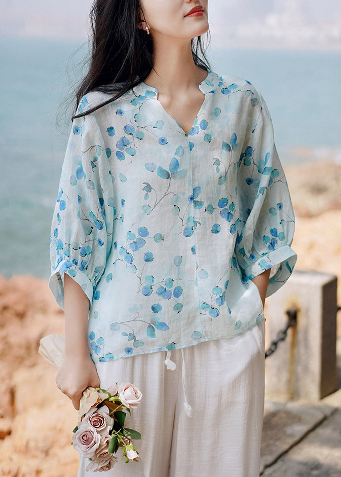 Blue V Neck Print Linen Shirt Tops Lantern Sleeve