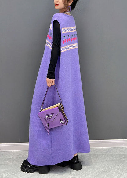 Purple Print Side Open Cashmere Knit Long Dresses Sleeveless