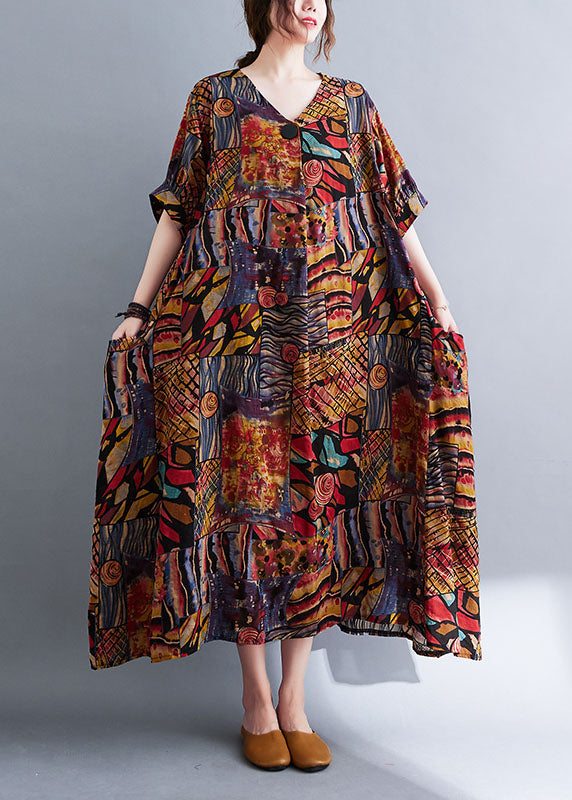Colorblock V Neck Print Cotton Maxi Dresses Short Sleeve