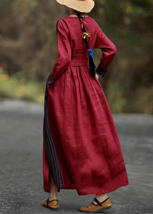 Red Pockets Tie Waist Patchwork Cotton Long Dresses Spring