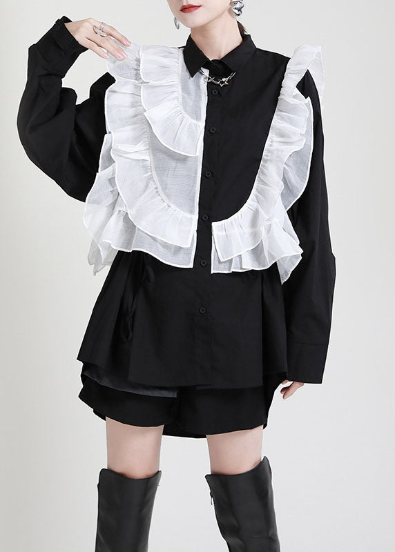 Stylish Black Peterpan Collar Button Ruffles Asymmetrical Design Fall Top Long Sleeve