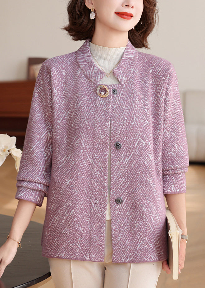 New Purple O-neck Patchwork Knit Cardigan Fall
