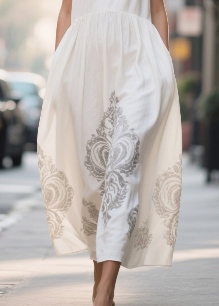 Art White V Neck Print Chiffon Vacation Dresses Summer