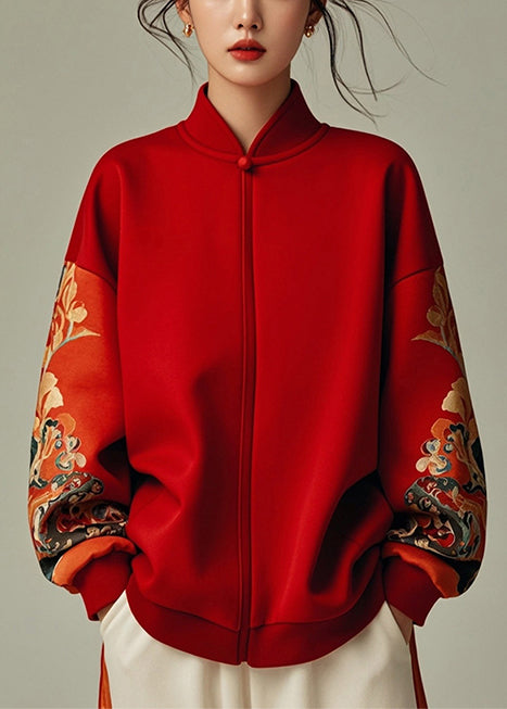 Red Stand Collar Patchwork Cotton Sweatshirt Spring