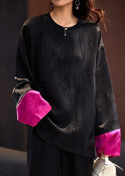 New Black O Neck Jacquard Patchwork Silk Tops Spring