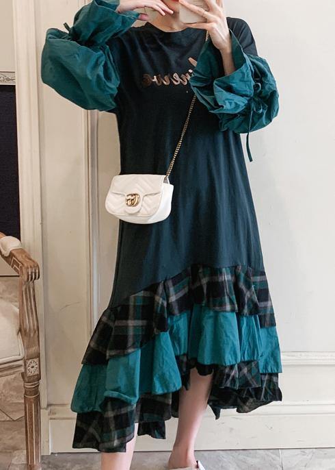 Modern O Neck Ruffles Spring Tunic Pattern Work Outfits Green Letter Dresses