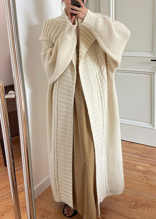 Beige Peter Pan Collar Cozy Cotton Knit Long Cardigan Long Sleeve