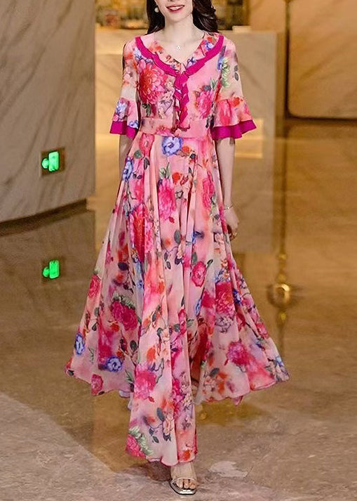 Pink Ruffled Print Chiffon Long Dress Summer