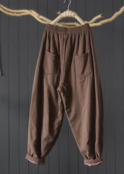 Coffee Pockets Patchwork Fine Cotton Filled Pants Winter