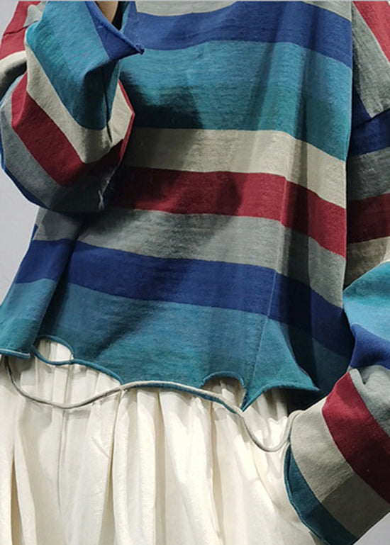 Stylish O-neck Asymmetrical Hole Striped Cotton Top Long Sleeve