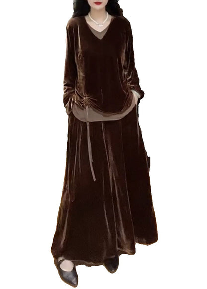 New Coffee Lace Up Pockets Patchwork Silk Velour Two Pieces Set Fall