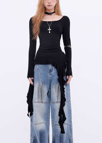 New Black Asymmetrical Cotton T Shirts Spring