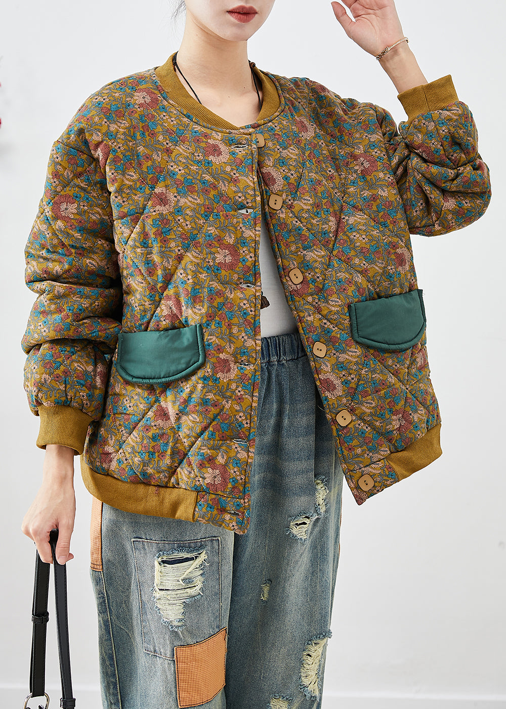 Yellow Oversized Print Fine Cotton Filled Winter Coats Winter