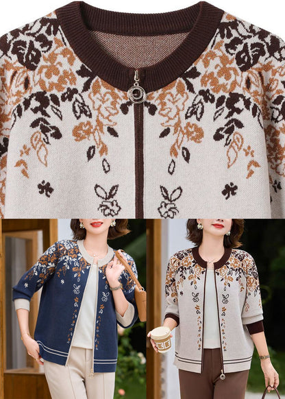 Navy Patchwork Zippered Cotton Knit Coat Fall