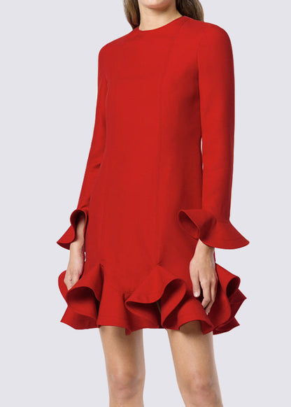 Red O-neck Ruffled Patchwork Mid Dress Spring