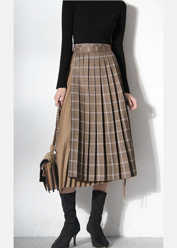 Brown Asymmetrical Patchwork Tie Waist Skirts Spring