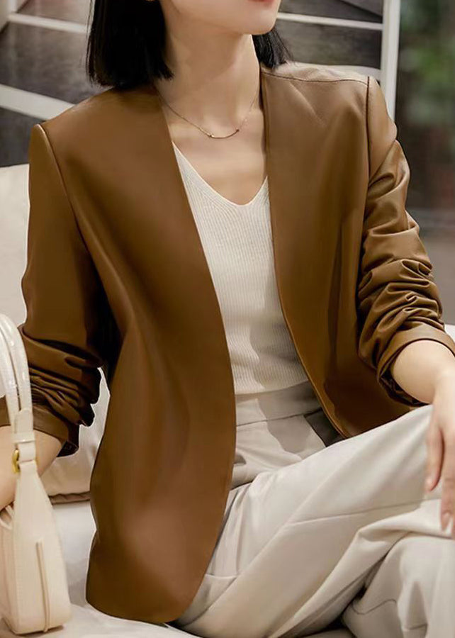Brown V Neck Patchwork Sheepskin Coats Fall