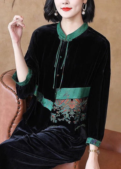 Loose Black Embroideried Button Silk Velour Top Long Sleeve