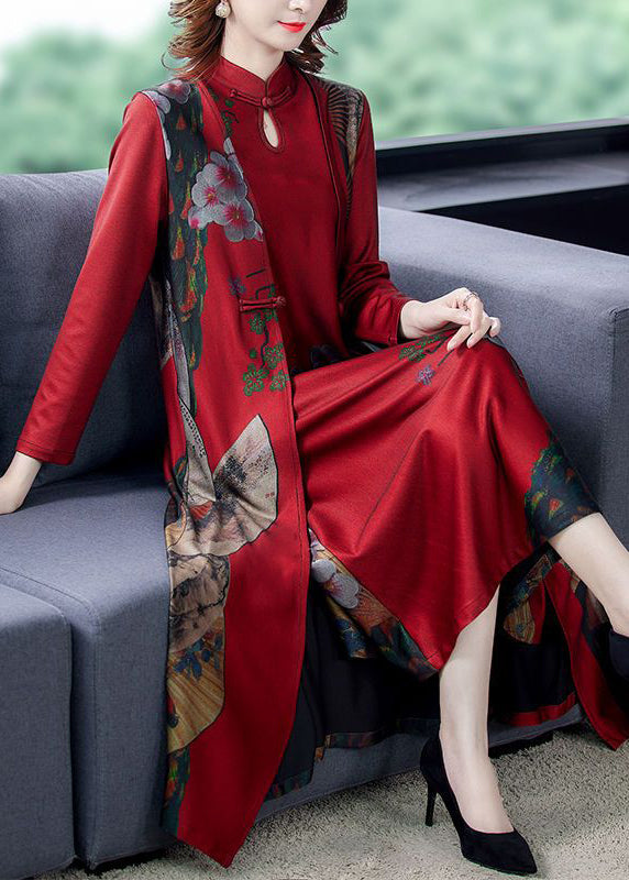 Red Stand Collar Chinese Button Silk Chinese Style Two Pieces Set Spring
