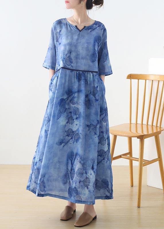 Blue Print Pockets Holiday Summer Linen Dress