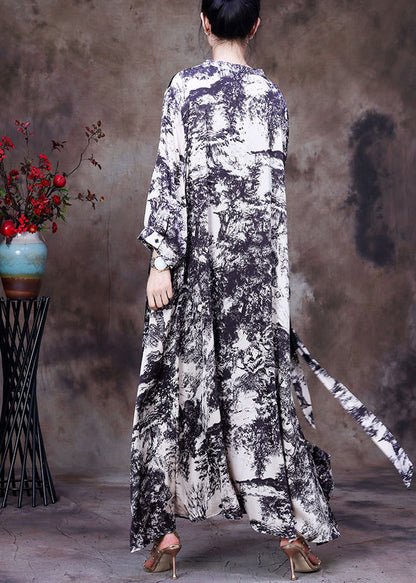 White V Neck Asymmetrical Design Tie Dye Silk Dress Long Sleeve