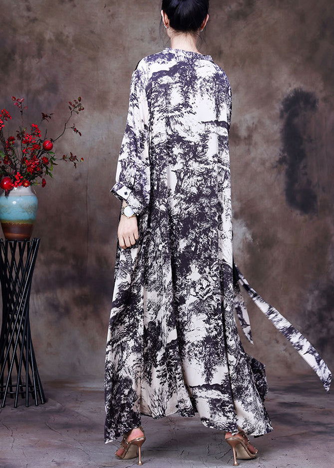 White V Neck Asymmetrical Design Tie Dye Silk Dress Long Sleeve