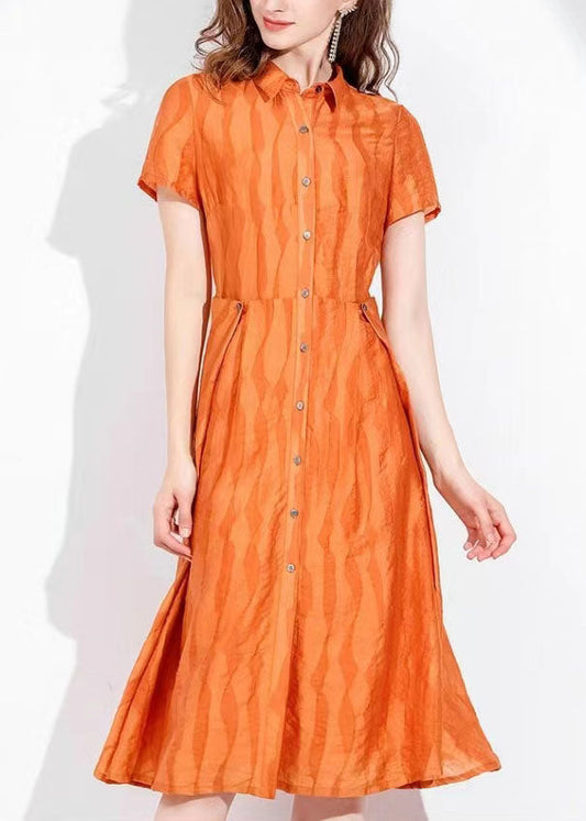 Orange Stand Collar Button Wave Print Silk Holiday Cinch Dress Short Sleeve