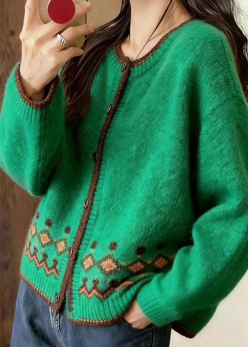 Stylish Green O-neck Print Button Cotton Knit Cardigan Fall