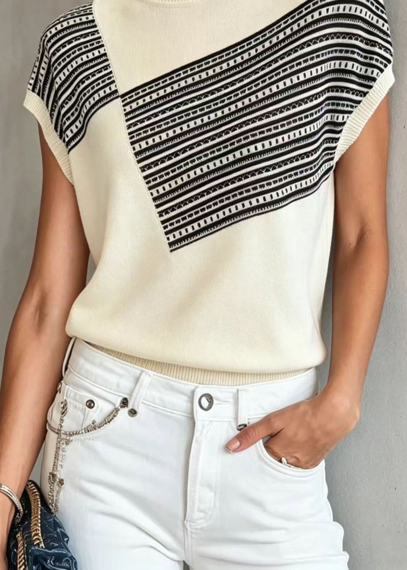 White O Neck Print Thin Knit Blouse Tops Summer