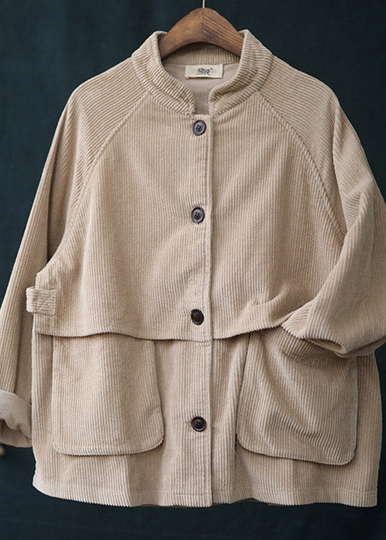 Yellow Stand Collar Patchwork Button Corduroy Coats Spring