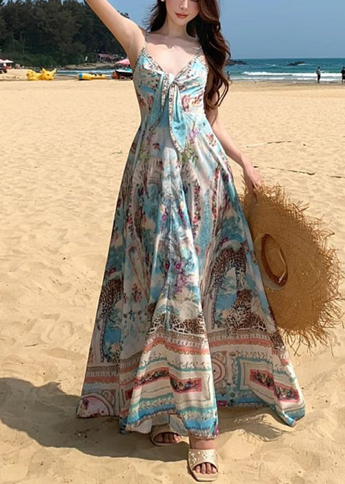 Blue V Neck Print Cotton Spaghetti Strap Dress Sleeveless