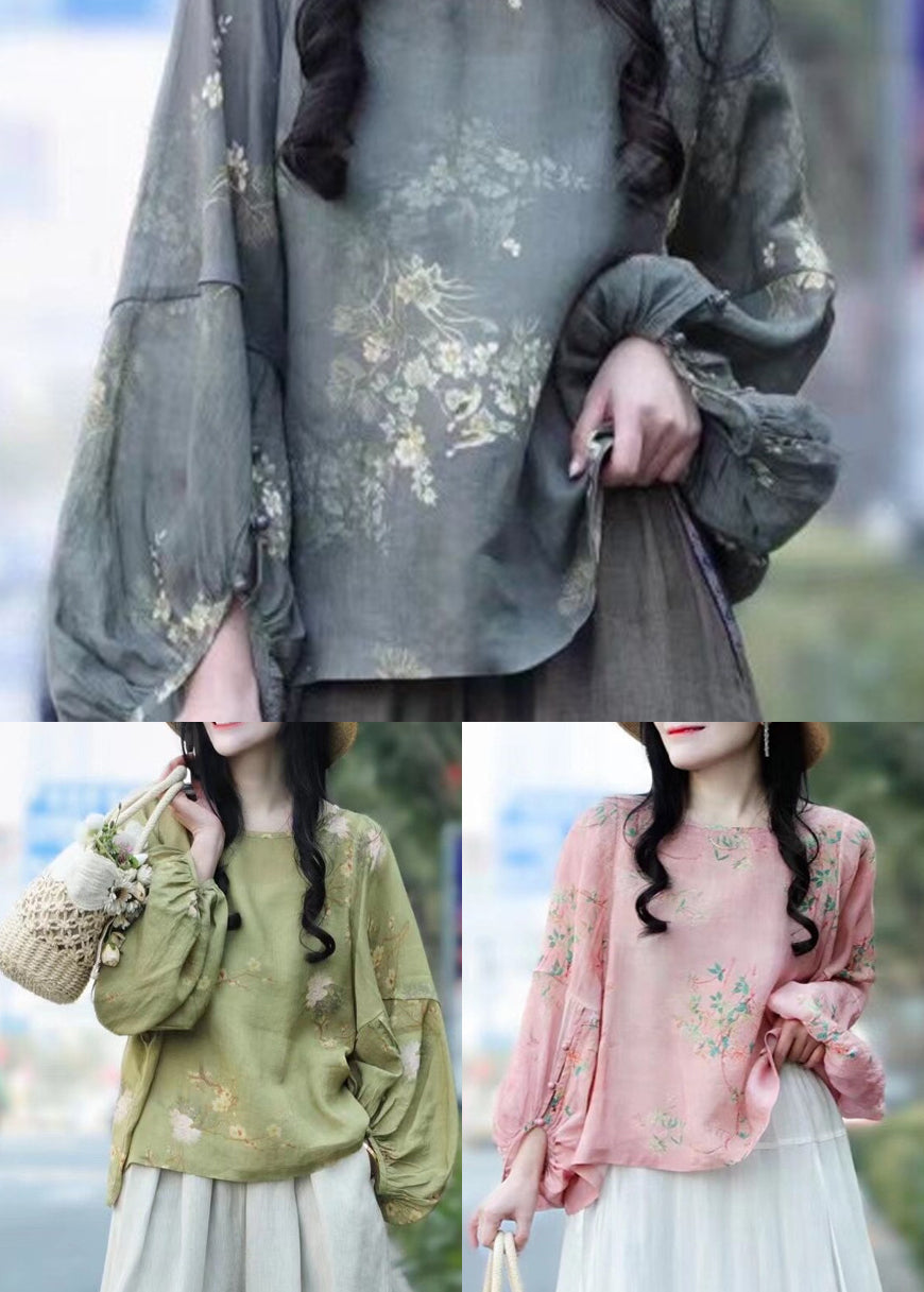 Pink Print Linen Blouse Tops Lantern Sleeve