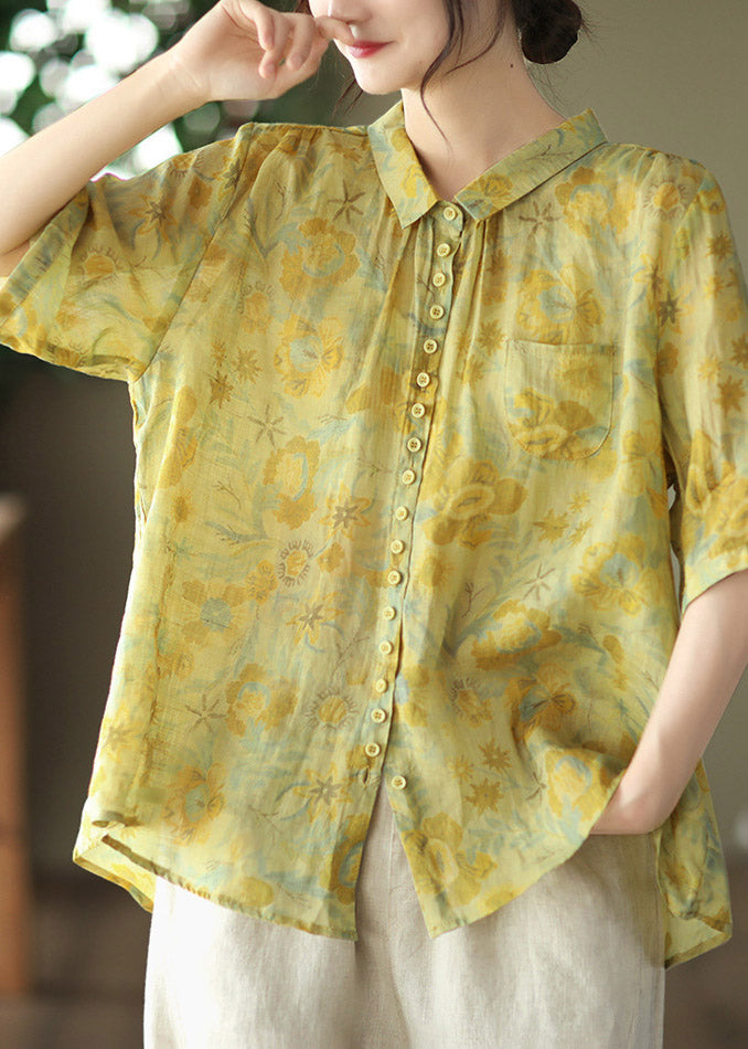 Yellow Peter Pan Collar Low High Design Linen Shirt Half Sleeve