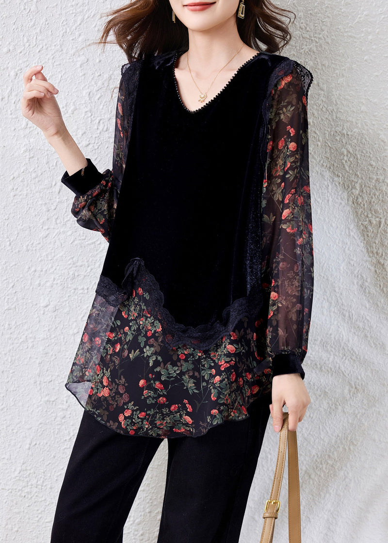Stylish Black V Neck Print Silk Velour Patchwork Chiffon Top Fall