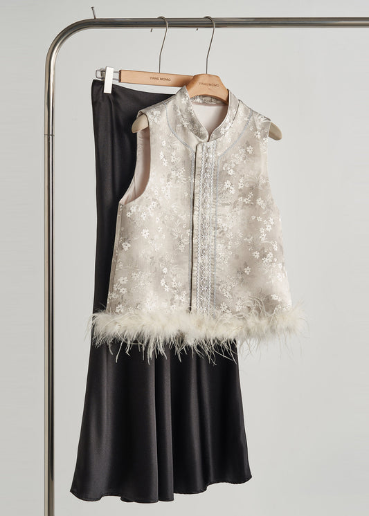 Art Light Grey Jacquard Patchwork Feather Silk Vests Fall