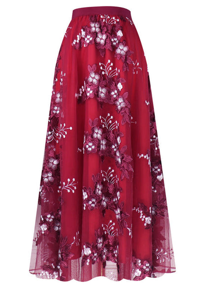 Novelty Mulberry Embroideried Elastic Waist Tulle a Line Skirt Spring