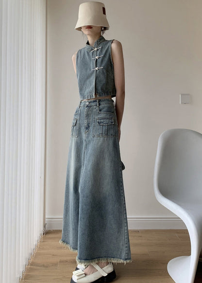 Boutique Blue Stand Collar Tops and Skirts Denim Two Pieces Set Sleeveless