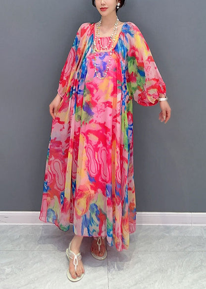 Wrinkled Lace Up Patchwork Chiffon Long Dress Summer