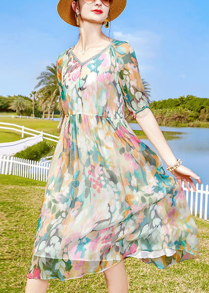 V Neck Multi Print Wrinkled Layered Chiffon Mid Dress Short Sleeve