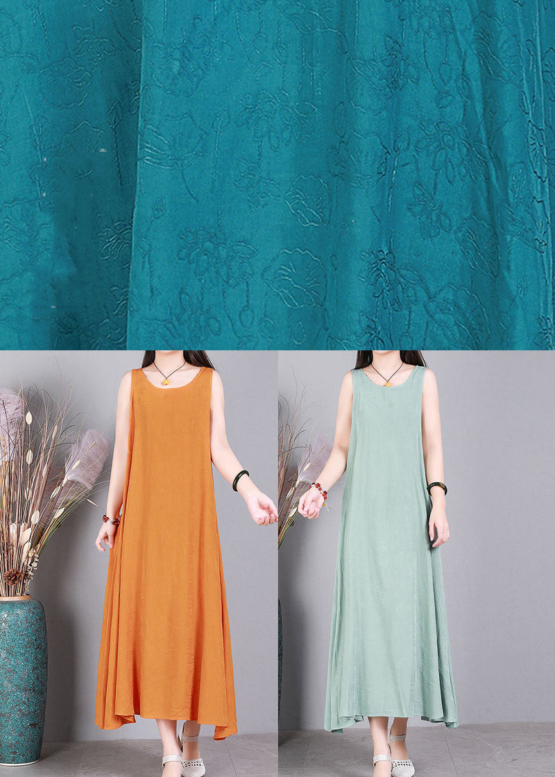 Orange O-neck Color Linen Long Dress Sleeveless