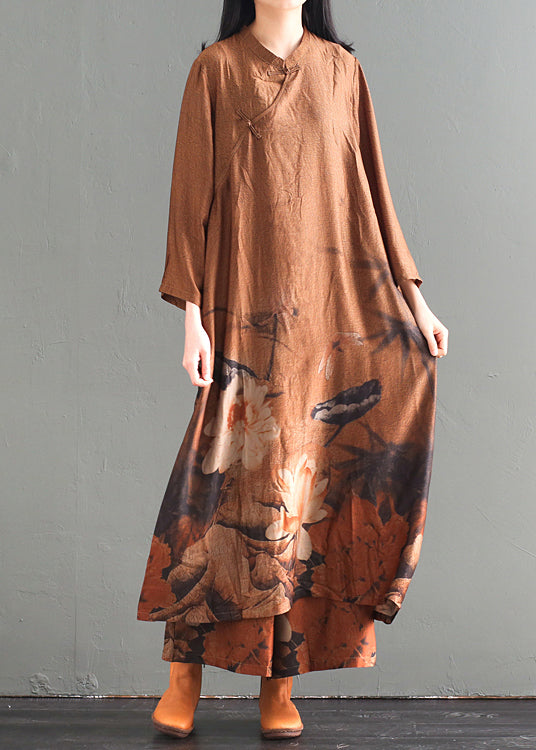 Khaki Print Chinese Button Silk Two Piece Set Clothing Fall