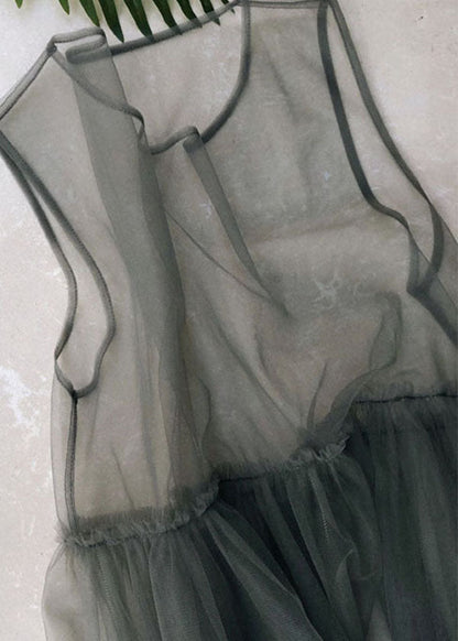 Modern Color Grey O-neck Patchwork Tulle Dress Long Smock Sleeveless Summer