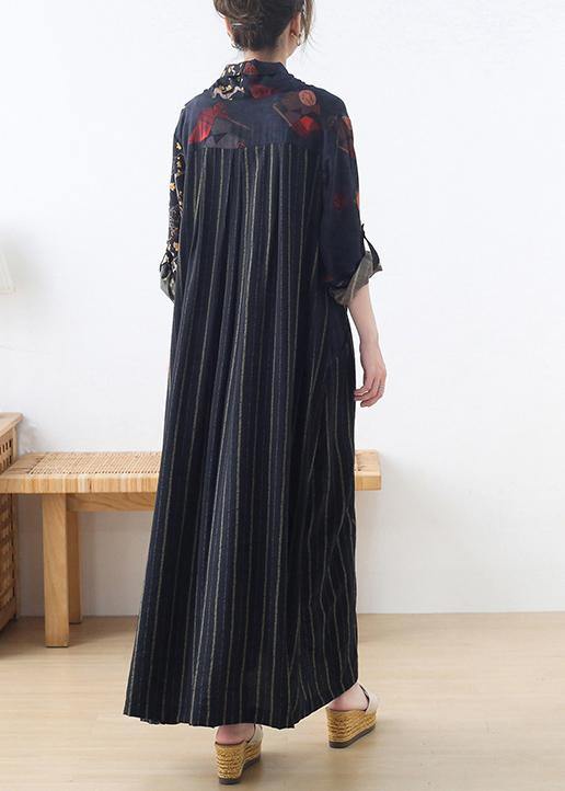 Organic Blue Print Patchwork Cotton Linen Long Dresses Summer