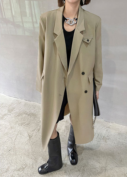 Simple Khaki Peterpan Collar Pockets Button Fall Long Sleeve Coat