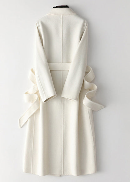 White Notched Tie Waist Woolen Long Coats Fall