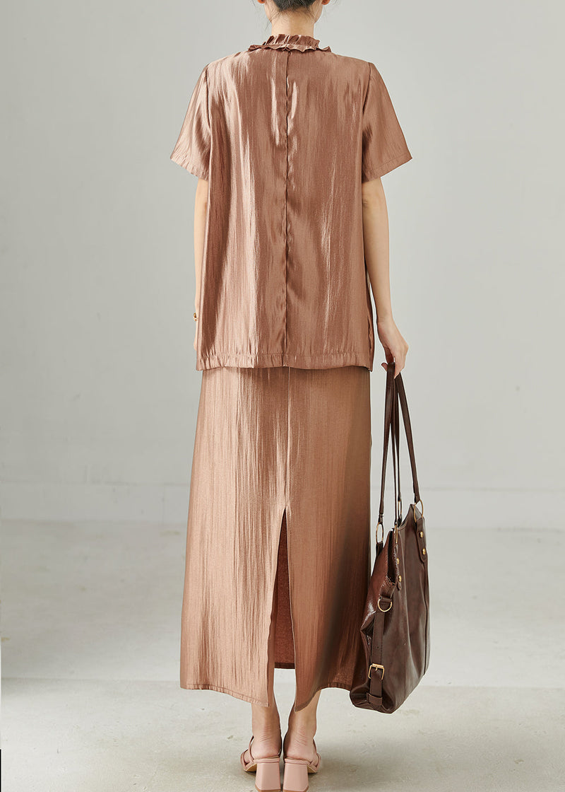 Stylish Brown Ruffled Silk Sets 2 Pieces Summer
