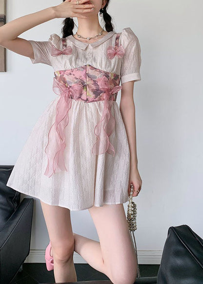 Grey Pink Bow Patchwork Print Silk Day Dress Summer