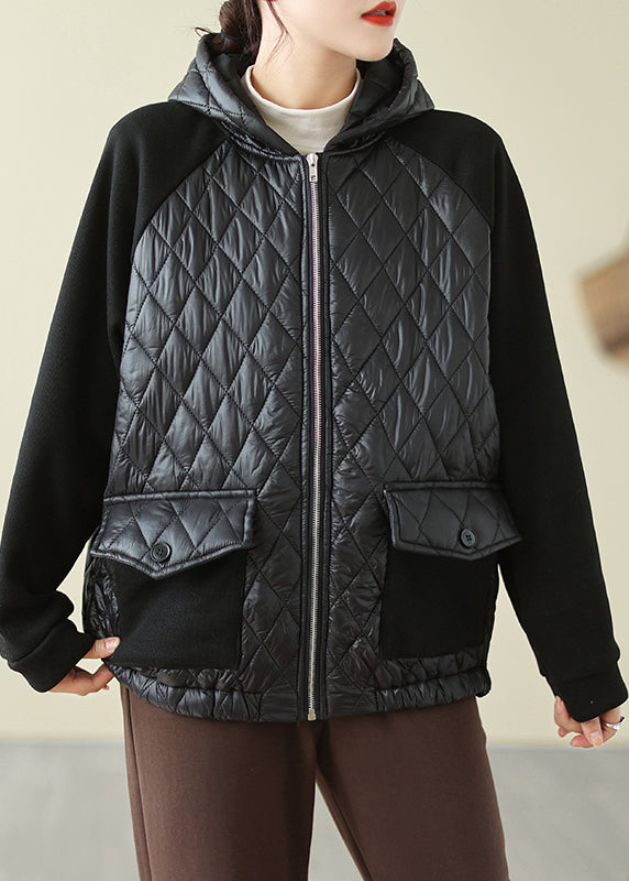 Black Zip Up Pockets Fine Cotton Filled Hooded Coat Winter