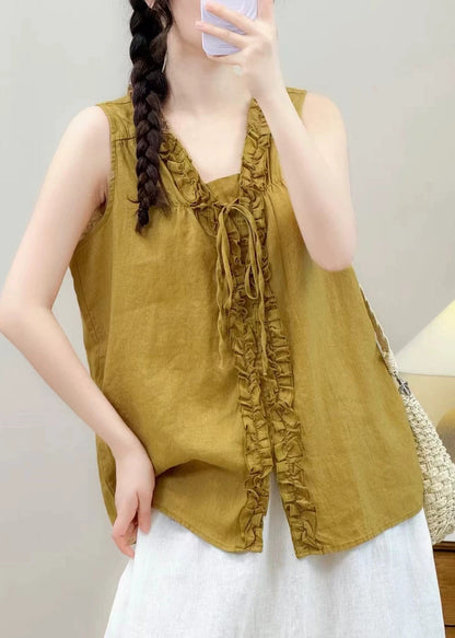Yellow Ruffled Linen Shirt Tops Sleeveless
